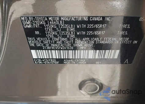 2015 Toyota Rav4 Le из США, поврежденный, VIN 2T3BFREV5FW341639